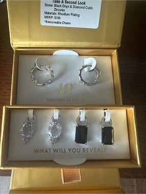 bp Silver-Tone Removable Charm Earring Set with Black Onyx and Clear Stones
